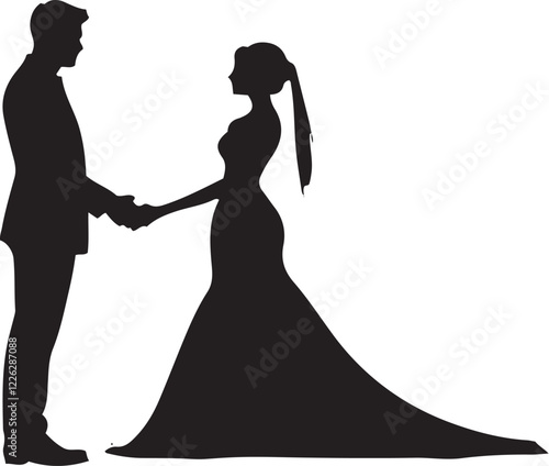 Elegant Silhouette of Bride and Groom - Vector Illustration on White Background