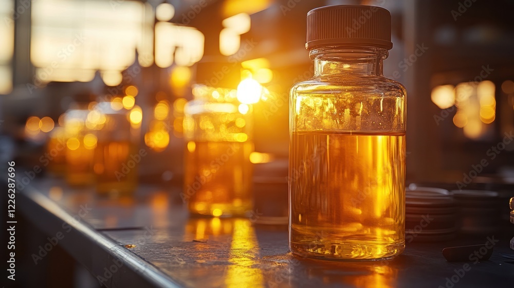 Amber liquid in glass bottles on a production line at sunset. Amber liquid in glass bottles on a production line at sunset.