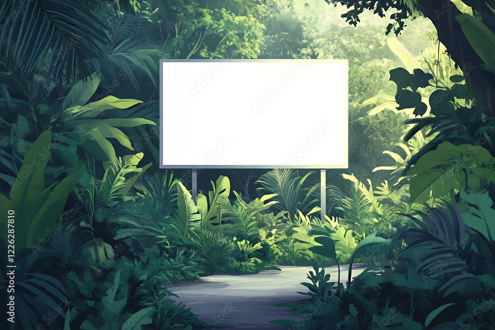 Blank Billboard Surrounded By Lush Tropical Foliage Blank Billboard Surrounded By Lush Tropical Foliage