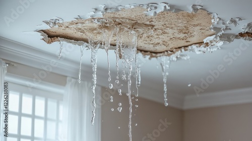 Water damage on ceiling, drywall hole, leaking.