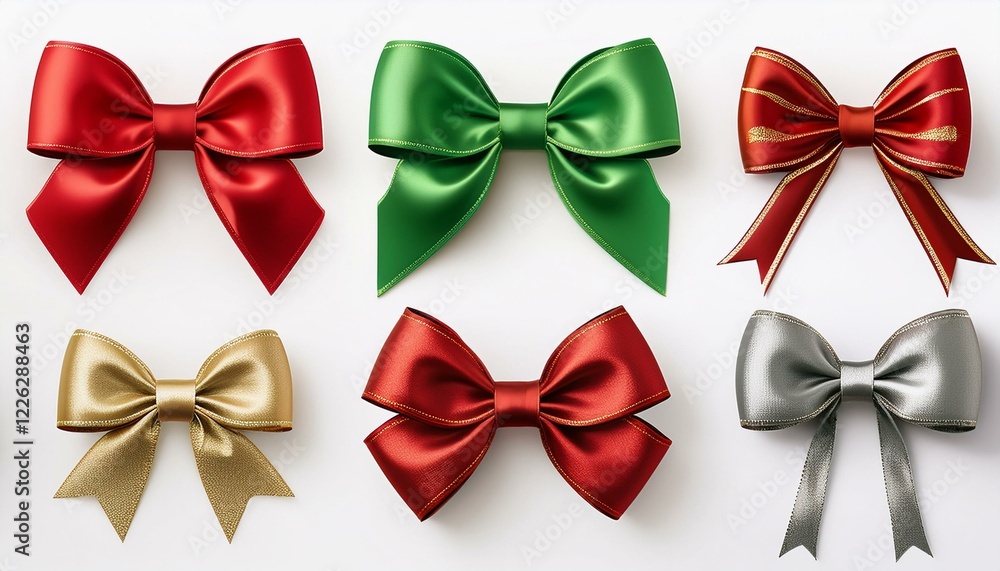 Six colorful satin bows on white background. Perfect for gifts or decoration. Six colorful satin bows on white background. Perfect for gifts or decoration.