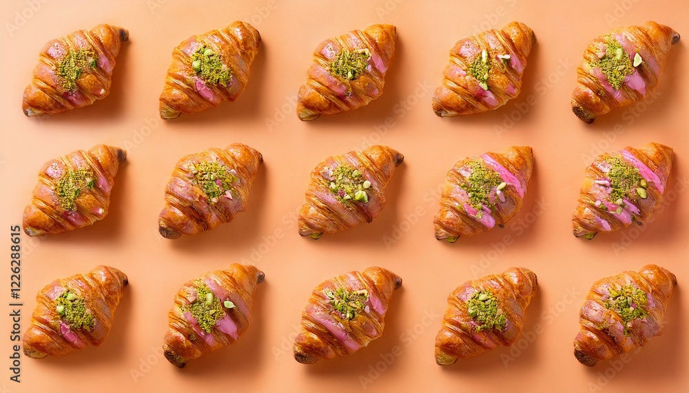 Rows of delicious croissants with pistachio and pink icing, arranged on a peach background. Rows of delicious croissants with pistachio and pink icing, arranged on a peach background.