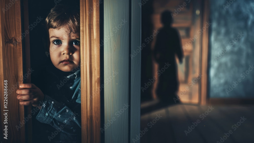 Child Peering Through A Doorway, Half-Lit By Eerie Light Child Peering Through A Doorway, Half-Lit By Eerie Light