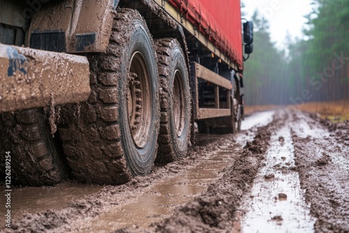 Heavy Truck Tires in Muddy Terrain Surrounded by Forest Showing Difficulty of Travel in Adverse Weather Conditions on Rural Road