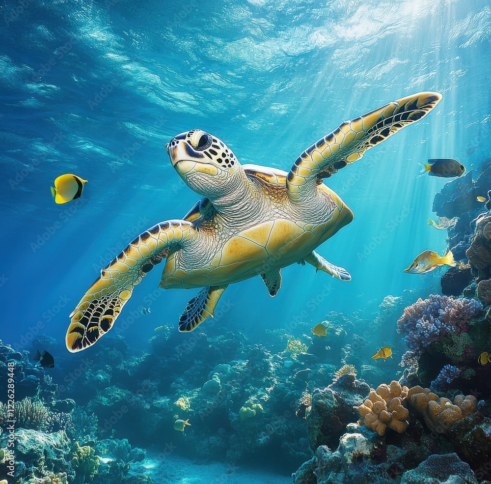Fototapeta premium Majestic Sea Turtle Swimming Gracefully Underwater Amid Vibrant Coral Reefs with Colorful Tropical Fish in Clear Blue Ocean