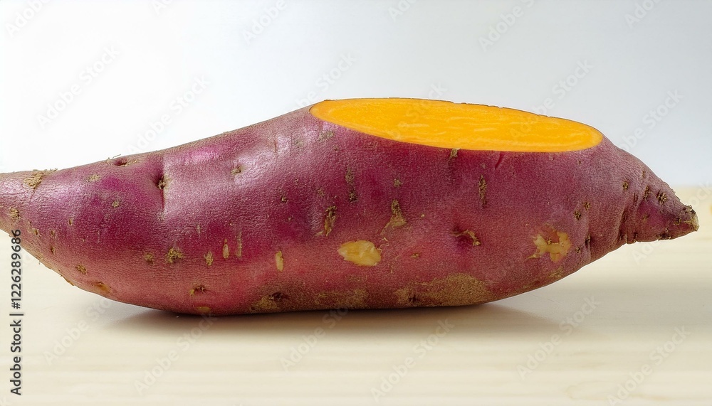 A vibrant sweet potato, halved, reveals its sunny orange interior against a neutral backdrop. A vibrant sweet potato, halved, reveals its sunny orange interior against a neutral backdrop.