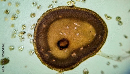 Microscopic view of a single-celled organism with surrounding particles. photo