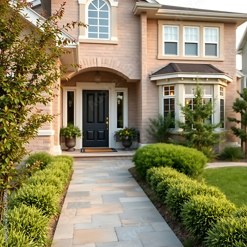 Wallpaper Mural Luxury Home Exterior: Landscaping, Architecture, and Design. A stunning house with beautiful landscaping and a stone pathway leading to the entrance. Ideal for real estate and home improvement. Torontodigital.ca