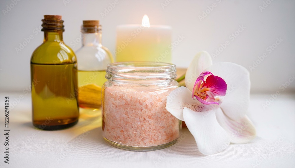 Spa day essentials: oils, salts, and a calming candle. Spa day essentials: oils, salts, and a calming candle.