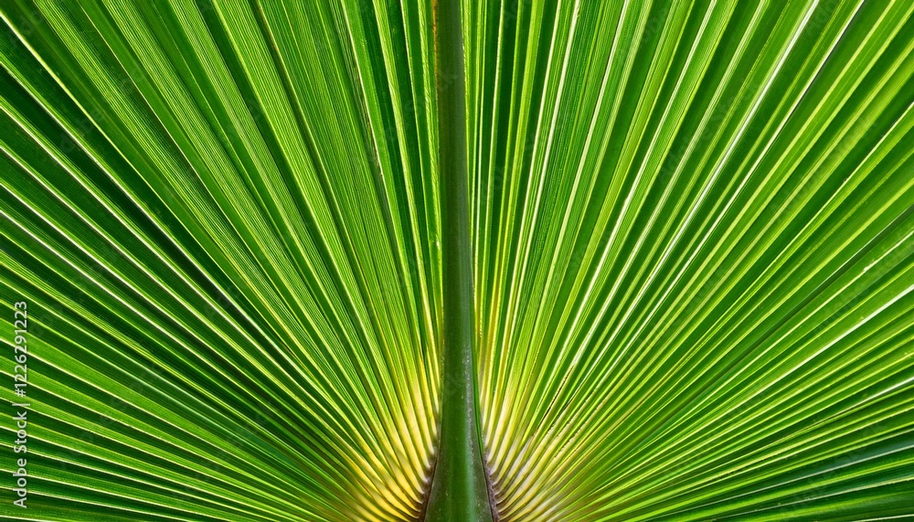 Vibrant green palm frond, radiating outwards from its center. Nature's intricate design. Vibrant green palm frond, radiating outwards from its center. Nature's intricate design.