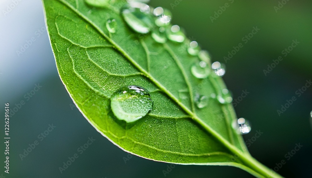 Close-up of water droplets on a vibrant green leaf. Close-up of water droplets on a vibrant green leaf.