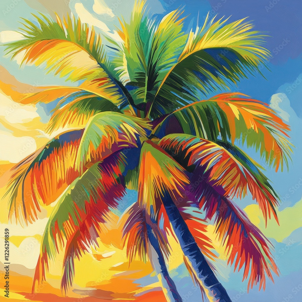 Fototapeta premium Vibrant Palm Tree Illustration in Flat Design with Lush Green Leaves and Bold Colors
