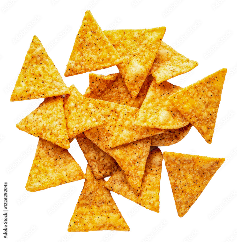 Corn tortilla chips ready for snacking and sharing isolated on transparent background Corn tortilla chips ready for snacking and sharing isolated on transparent background