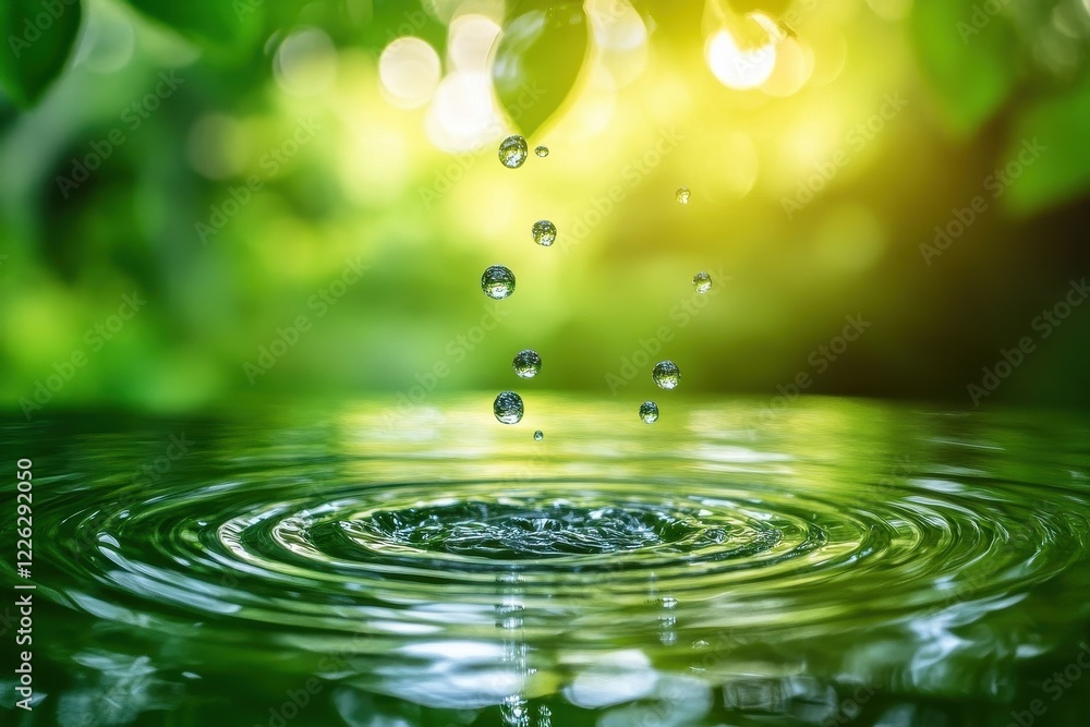 Water droplets falling onto a calm pond, creating ripples in a lush green nature. Perfect for illustrating themes of purity, nature, and tranquility. Water droplets falling onto a calm pond, creating ripples in a lush green nature. Perfect for illustrating themes of purity, nature, and tranquility.