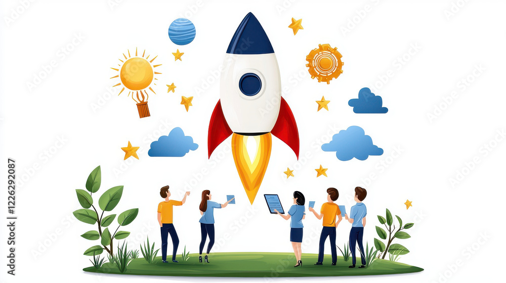 Fototapeta premium Team celebrating successful launch with rocket, surrounded by clouds, stars, and planets, symbolizing innovation and teamwork