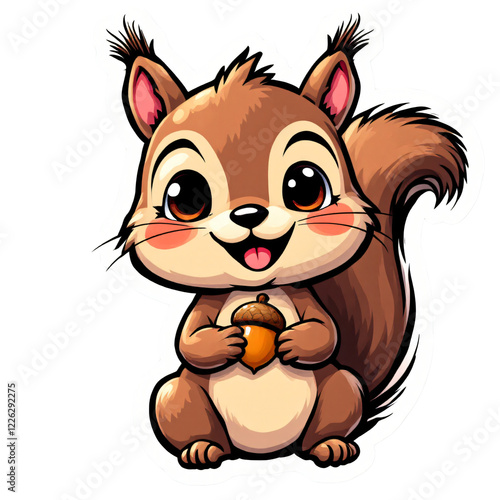 Cheerful Squirrel Cartoon Character Holding an Acorn with a Delightful Expression