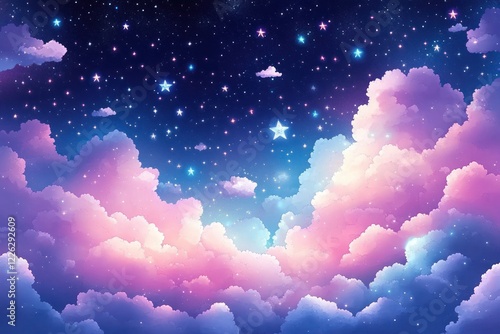Dreamy Sky with Pastel Clouds and Twinkling Stars Watercolor Background