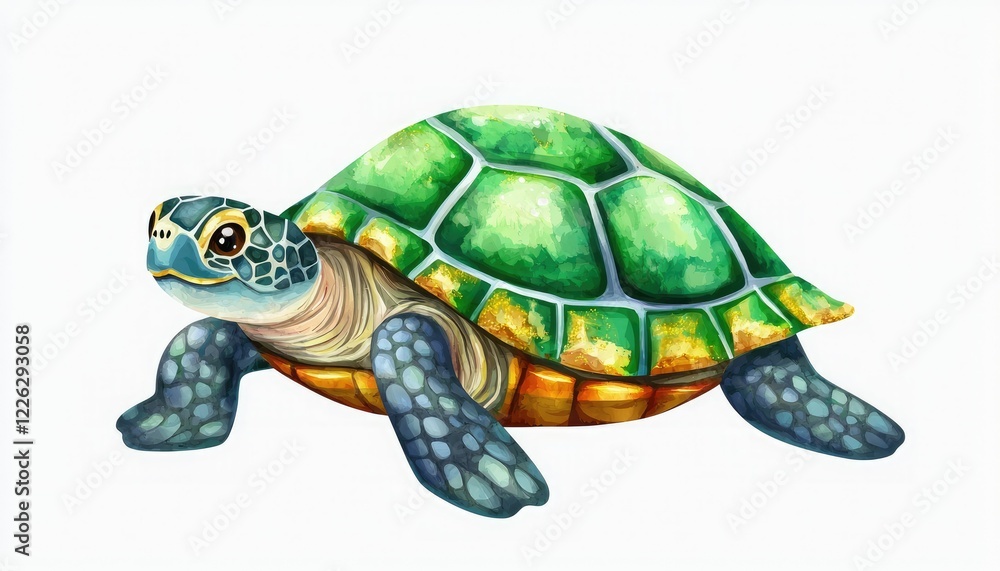 Obraz premium A colorful, illustrated turtle with a green shell and detailed features, showcasing its unique patterns and textures.