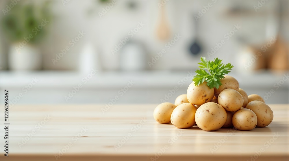 Fresh potatoes in a pile on wooden kitchen table with space for text Fresh potatoes in a pile on wooden kitchen table with space for text