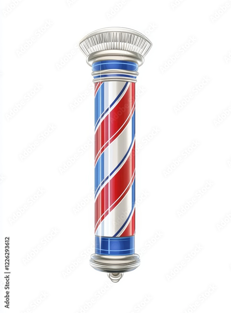 Classic barber pole with red, white, and blue stripes, silver cap, and base. Classic barber pole with red, white, and blue stripes, silver cap, and base.