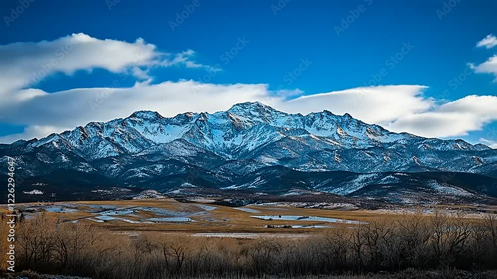 Majestic snow-capped mountains under a clear blue sky with a serene landscape in the foreground Majestic snow-capped mountains under a clear blue sky with a serene landscape in the foreground