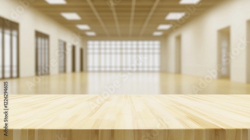 Wallpaper Mural Polished wooden tabletop with a blurred spacious hall in the background, ideal for showcasing products, presentations, or minimalist designs in a modern setting Torontodigital.ca