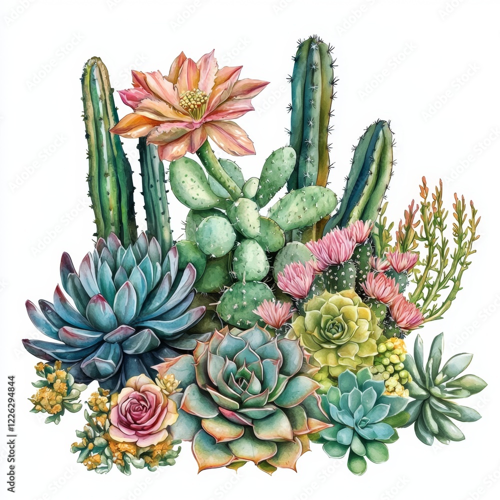 Obraz premium Vibrant Collection of Succulent Plants and Cacti with Colorful Blossoms on White Background