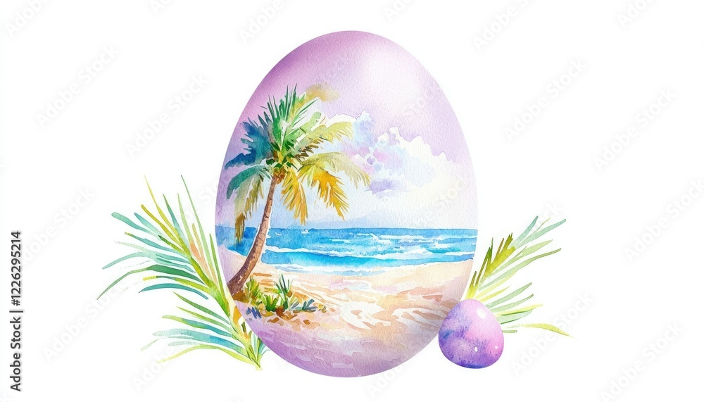 A pastel-colored egg features a beach scene with palm trees and ocean waves, symbolizing a tropical Easter vibe. A pastel-colored egg features a beach scene with palm trees and ocean waves, symbolizing a tropical Easter vibe.