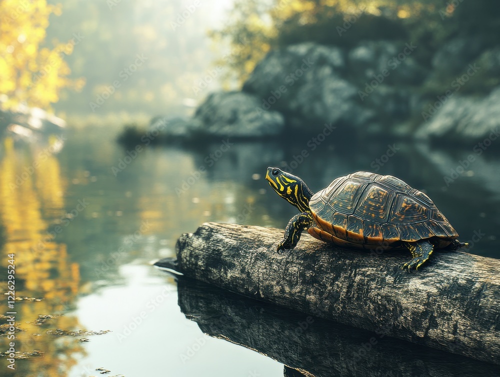 Obraz premium Turtle Resting on a Log by a Calm Lake Surrounded by Lush Greenery and Soft Morning Light Reflecting on the Water's Surface