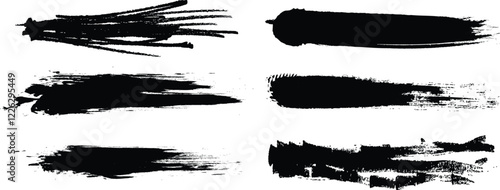 Black dried brush icon set paint splattered in dirty style. Isolated black ink stencils for graphic design text field. Artistic texture of ink brush strokes, splatter stains, callout paintbrush vector