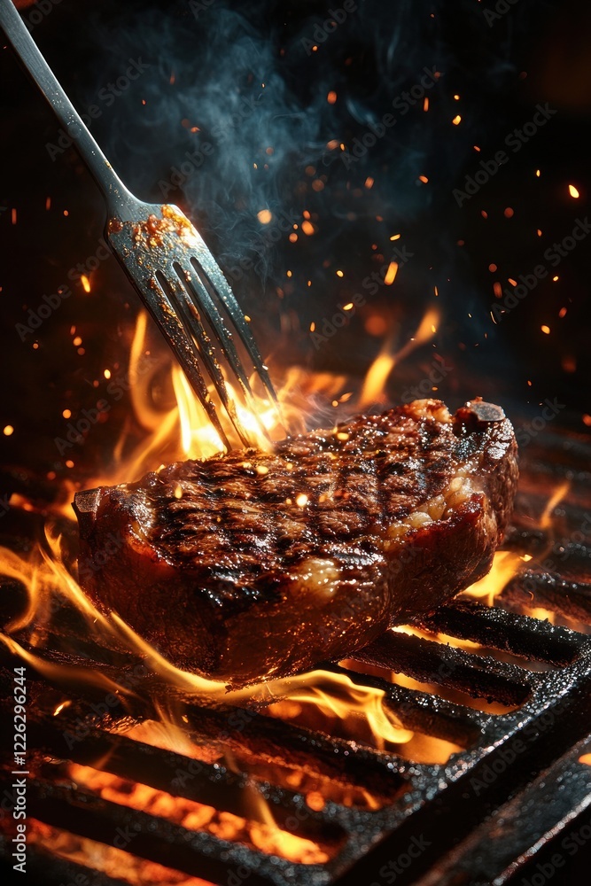 Grilling Juicy Beef Steak with Flames and Smoke Grilling Juicy Beef Steak with Flames and Smoke