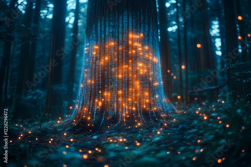 A vibrant, lush forest where digital streams of data flow, merging nature and technology in a mesmerizing landscape