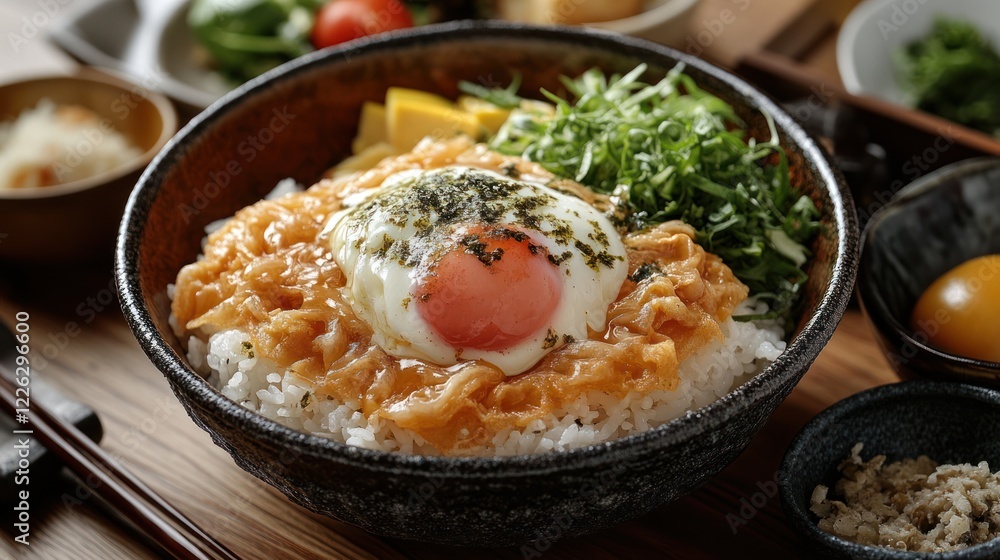 Delicious poached egg atop seasoned rice bowl. Delicious poached egg atop seasoned rice bowl.