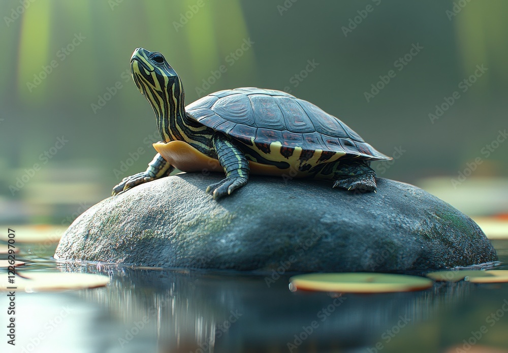 Obraz premium Vibrant Turtle Resting on a Rock in a Serene Pond Surrounded by Water Lilies and Gentle Reflections of Nature's Beauty in a Tranquil Setting
