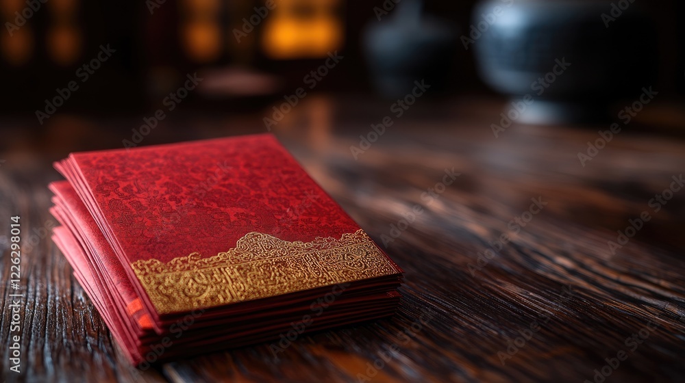 Red envelopes on wooden table, Chinese tradition, cultural celebration, festive background Red envelopes on wooden table, Chinese tradition, cultural celebration, festive background