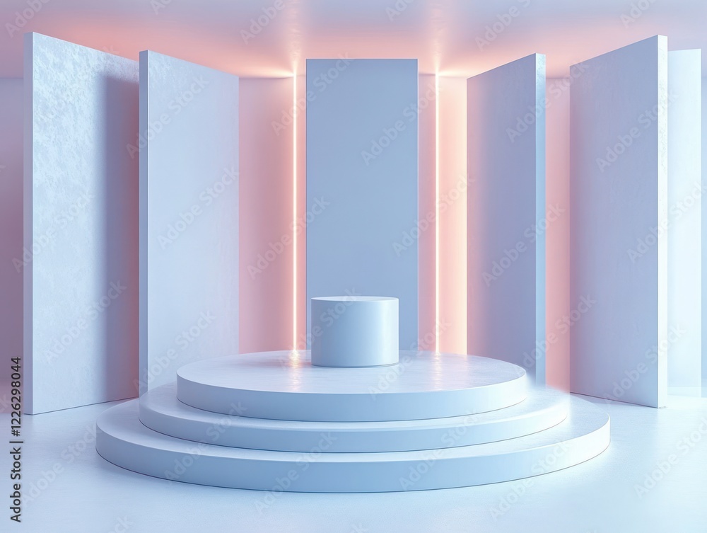 Obraz premium Minimalistic Stage Design with Circular Pedestal and Pastel Panels