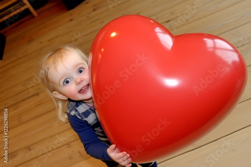 Commercial promotion visual idea. Sign of love. Ð¡hildren valentine's day greeting card: toddler girl with begging eyes face holds red heart in hands. Child with heart balloon. Child love gift. photo