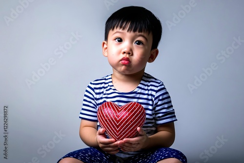 Ð¡hildren valentine's day greeting card: toddler boy with thrilled face holds red heart in hands. Sign of love. Commercial marketing idea. Valentine's day red heart. Red heart kids' love. photo