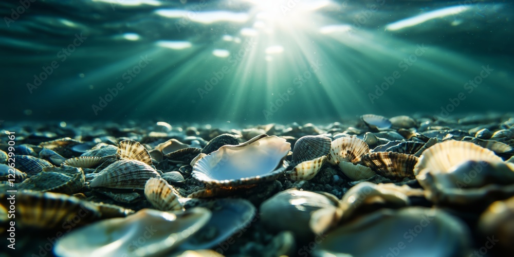 Seashells scatter across the ocean floor illuminated by soft light. Old seashells resting gently under soft underwater light at the ocean floor Seashells scatter across the ocean floor illuminated by soft light. Old seashells resting gently under soft underwater light at the ocean floor