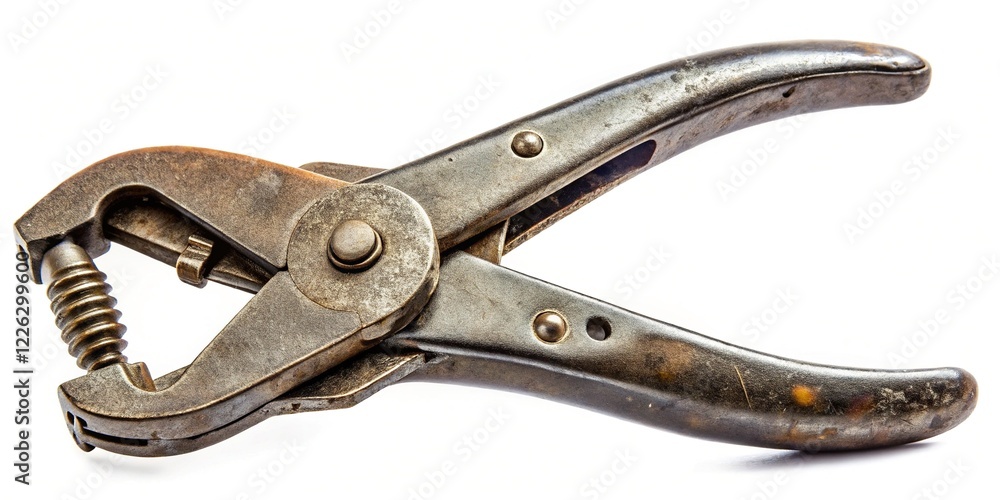 Antique Steel Punch Pliers, Tailor's Hole Punch Tool, Close-up, High Depth of Field Antique Steel Punch Pliers, Tailor's Hole Punch Tool, Close-up, High Depth of Field