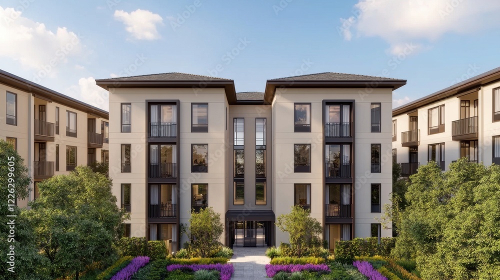 Fototapeta premium Renewable Energy Energy Efficiency Conservation concept. A thriving community with renewable energy powered residential apartments and modern architecture