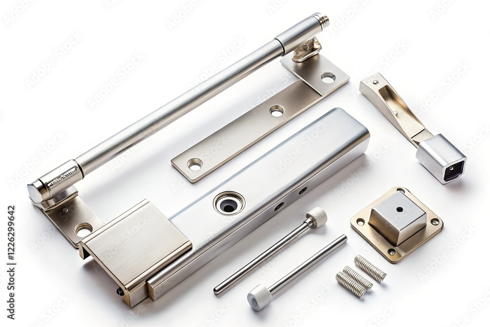Automatic Hydraulic Door Closer Kit - Overhead View, Isolated on White Automatic Hydraulic Door Closer Kit - Overhead View, Isolated on White