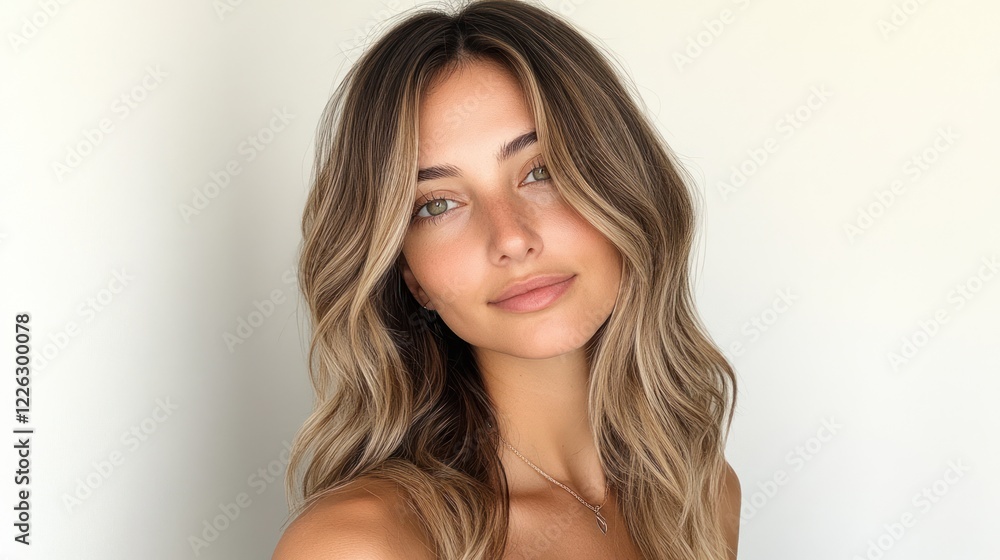 Close-up portrait of a young woman with long, wavy light brown hair and green eyes. Close-up portrait of a young woman with long, wavy light brown hair and green eyes.