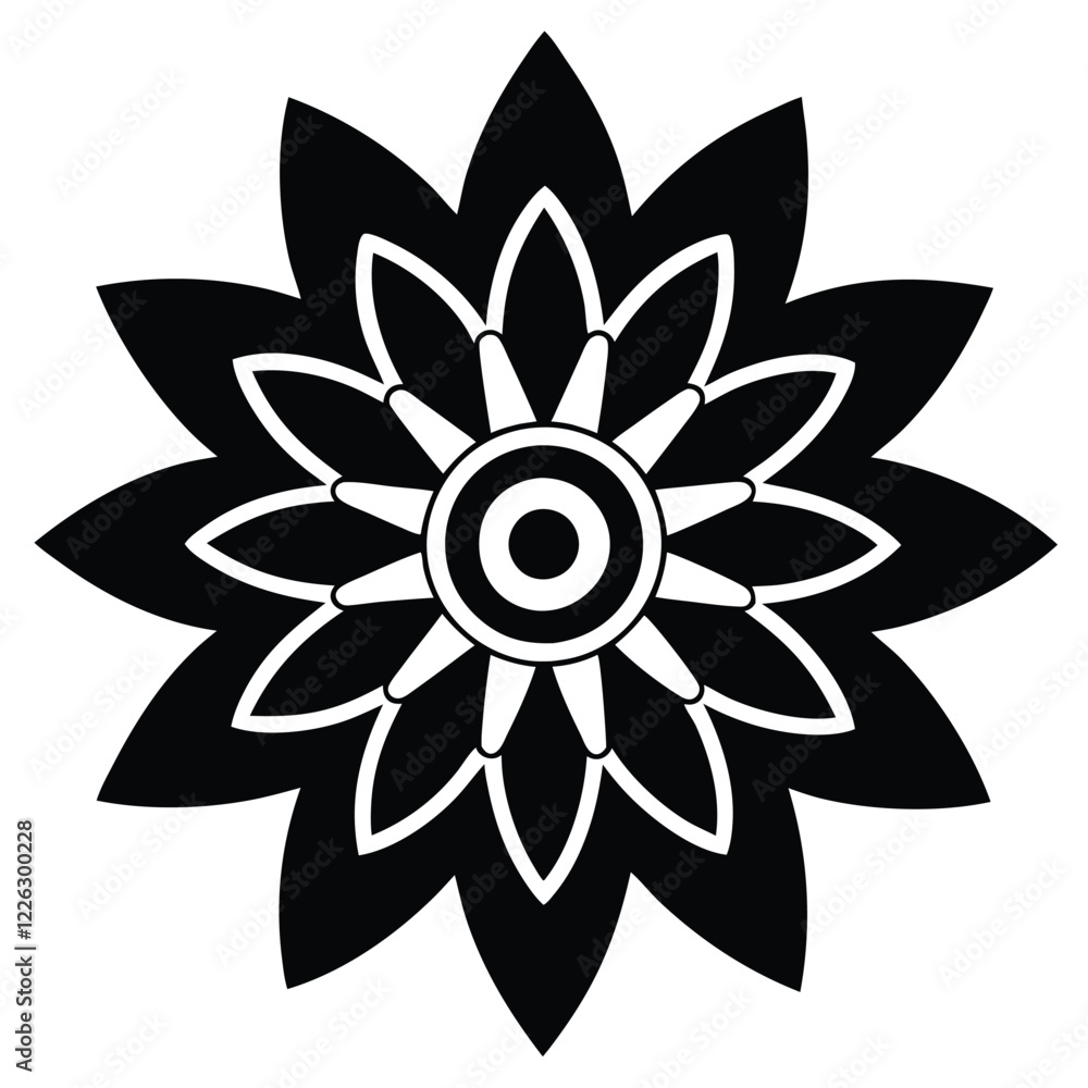 Naklejka premium Black Silhouette Mandala Design with Intricate Patterns on White Background