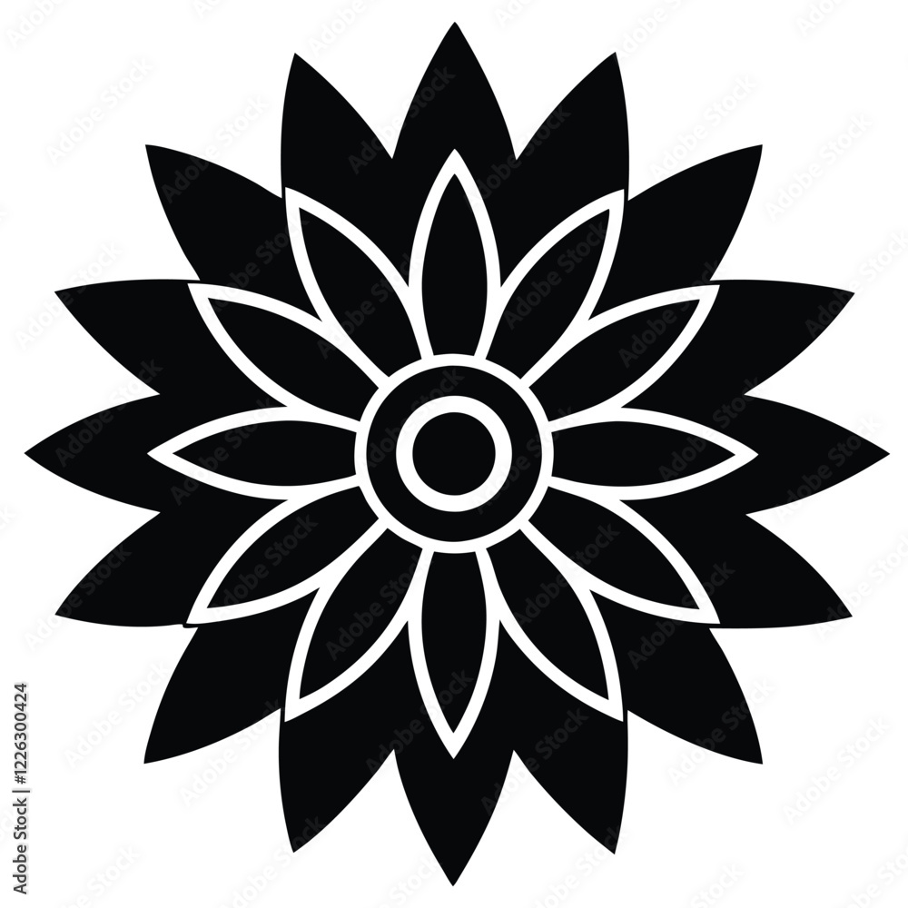 Naklejka premium Black Silhouette Mandala Design with Intricate Patterns on White Background