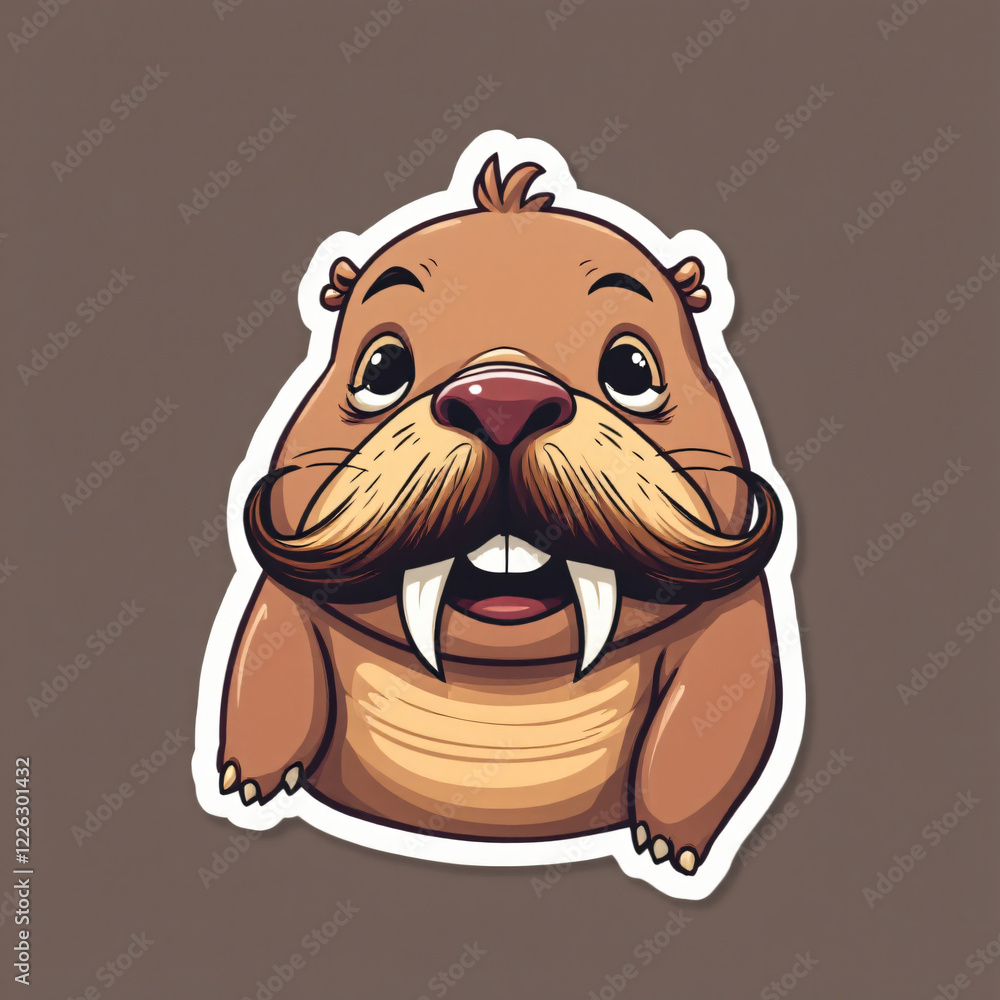 Fototapeta premium A Whimsical Walrus with a Moustache and Funny Teeth on a Plain Brown Background