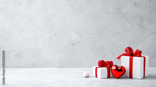 Valentine's gifts on grey background; love, romance, celebration
