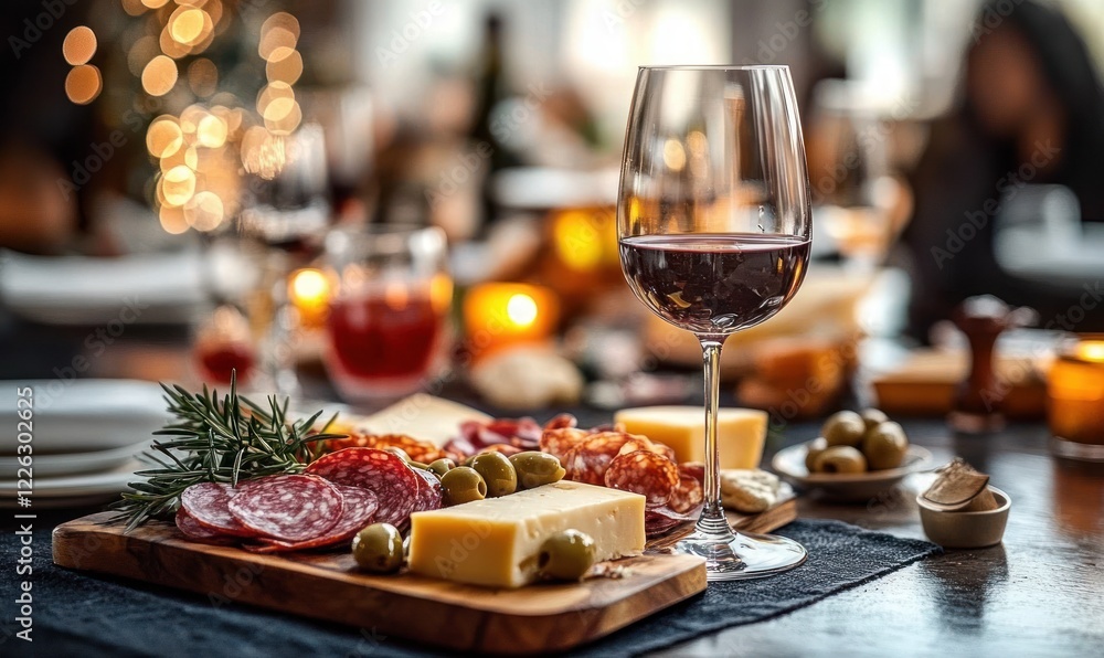 Cozy Dinner Table Setting with Red Wine Charcuterie Board Warm Lighting and Inviting Atmosphere Cozy Dinner Table Setting with Red Wine Charcuterie Board Warm Lighting and Inviting Atmosphere