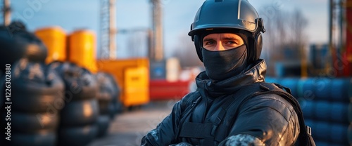 Security officer in tactical gear, industrial site background. Stock photo use