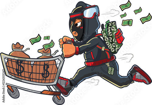 A Colorful cartoon illustration of a character in a black mask and red and black attire, running and pulling a shopping cart filled with money bags.